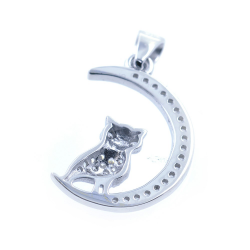 Cat and Moon Pendant with Zircons and 925 Silver