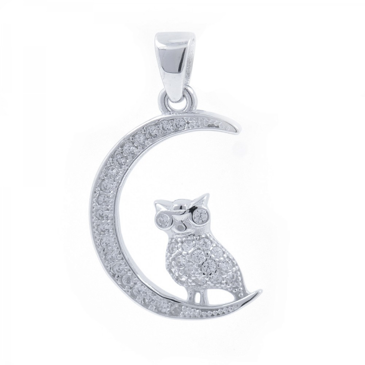 Pendentif Chat et Lune avec Zircons et Argent 925