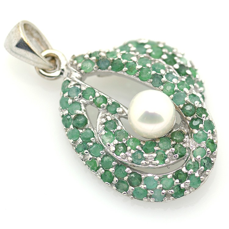Smeraldo, perla e pendente in argento 925