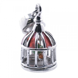 Colgante Jaula Pajaro de Circonitas, Plata 925 y esmalte rojo