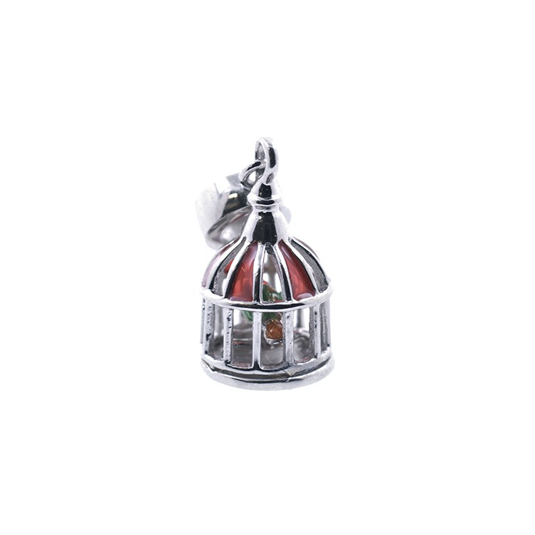 Zirkonia Bird Cage Anhänger, Silber 925 und rote Emaille