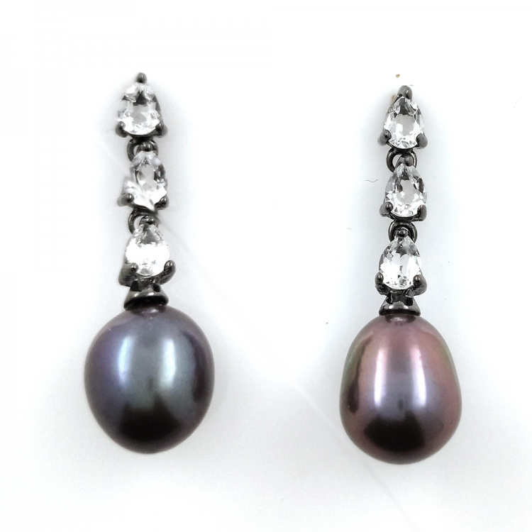 Black Pearl, White Topaz and 925 Silver Earrings