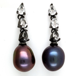 Black Pearl, White Topaz and 925 Silver Earrings