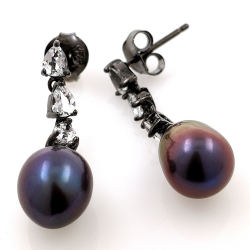 Black Pearl, White Topaz and 925 Silver Earrings