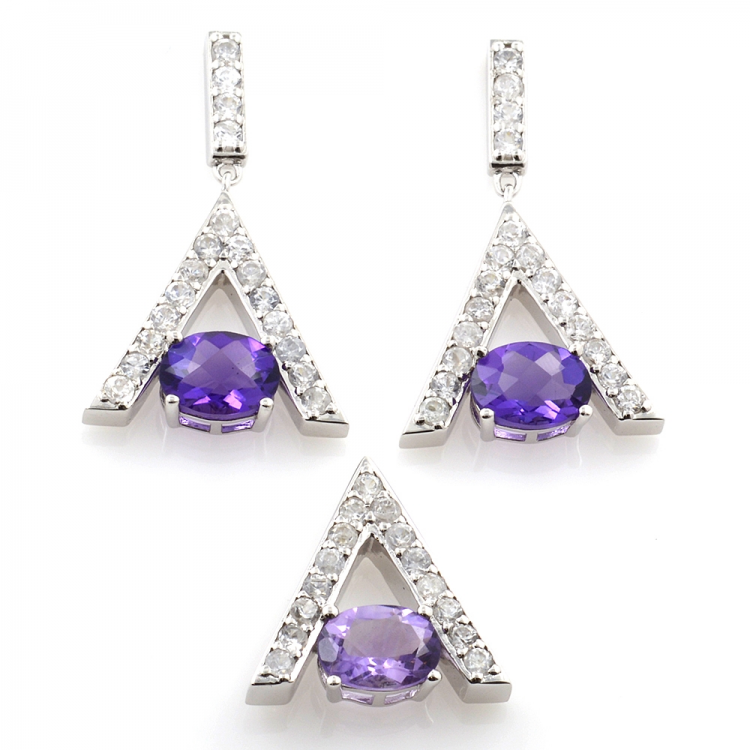 Anhänger und Ohrringe aus Sterlingsilberamethyst und weißem Zirkon