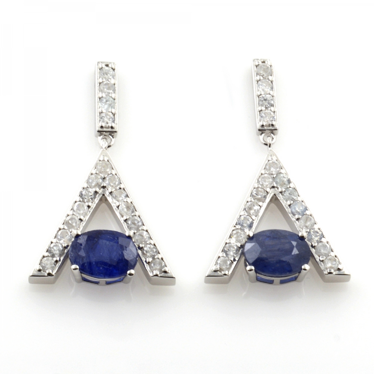 Blauer Saphir und weißer Zirkon Anhänger und Ohrringe mit Silber 925