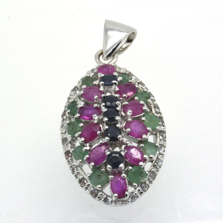 Sapphire, Ruby, Emerald & 925 Sterling Silver Pendant