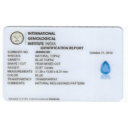 22.67ct Blue Topaz pear cut 21.3x15.8mm