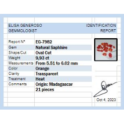 Zaffiro arancione taglio ovale da 9,93 ct, 21 pezzi