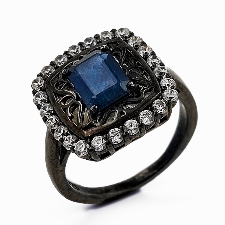 Bague saphir et topaze Argent 925 rhodié noir
