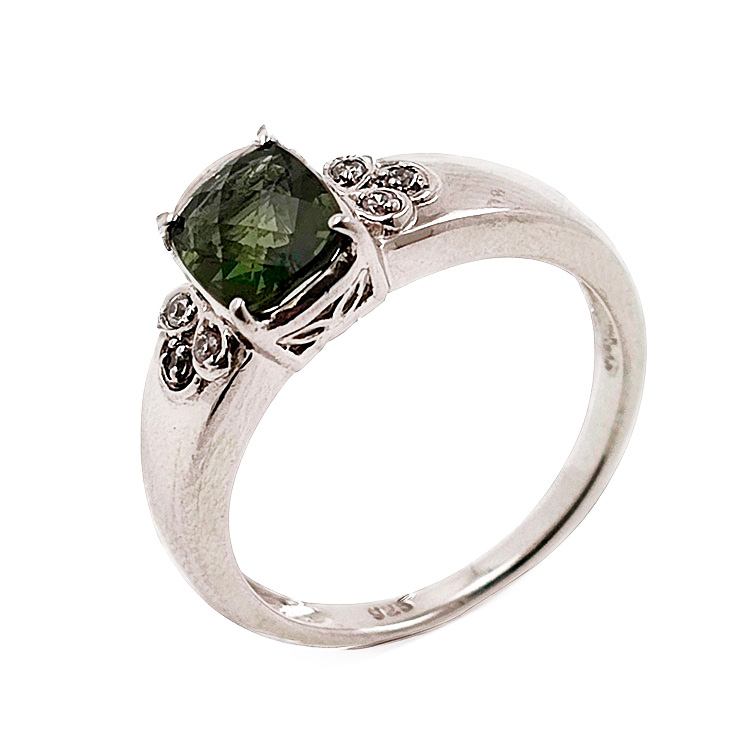 Moldavitring mit weißem Topas aus rhodiniertem 925er Sterlingsilber