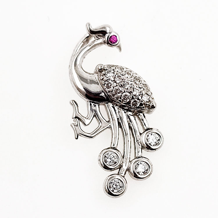 Pfau Anhänger mit Zirkonen und Rubin in 925 Sterling Silber