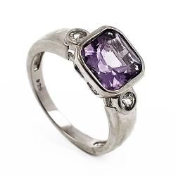Rhodium Plated 925 Silver Ring with Amethyst and Zircon