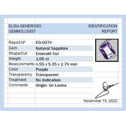 1,05 ct Zafiro Morado talla esmeralda 6,55 x 5,35 x 2,79 mm