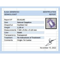1,26 ct Zaffiro Viola taglio cuscino 7,60 x 5,51 x 3,10 mm