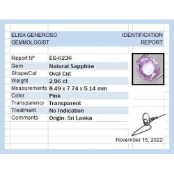 Zaffiro rosa da 2,96 carati taglio ovale 8,49 x 7,74 x 5,14 mm