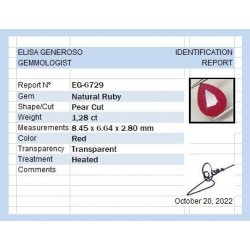 1,28 ct Rubino taglio pera 8,45 x 6,64 x 2,80 mm