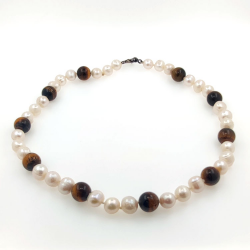 Collar de  perlas  de rio y ojo de tigre 11 mm en plata con 40 cm de largo