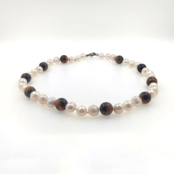 Collana di perle di fiume e occhio di tigre in argento da 11 mm con lunghezza di 40 cm