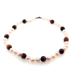 Collana di perle di fiume e occhio di tigre in argento da 11 mm con lunghezza di 40 cm