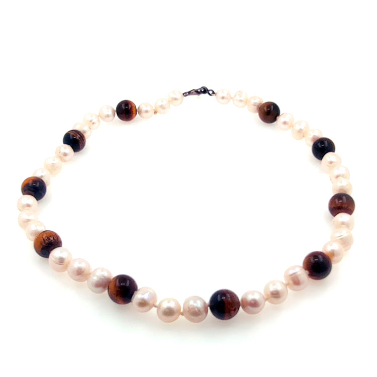 Collar de  perlas  de rio y ojo de tigre 11 mm en plata con 40 cm de largo