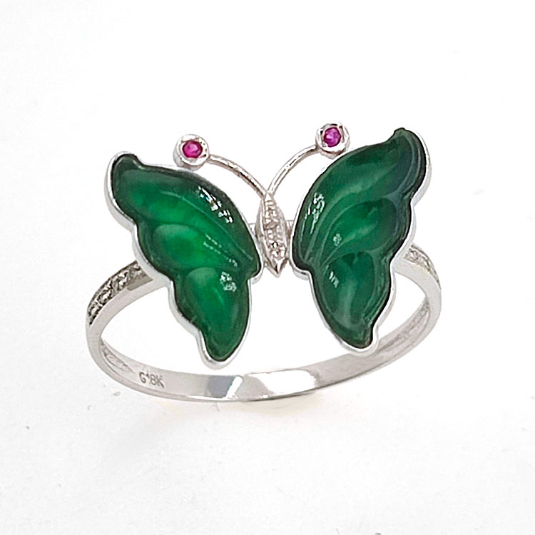Fei Cui Schmetterlingsring aus natürlichem Jadeit mit natürlichem Diamant in 18kt Weißgold