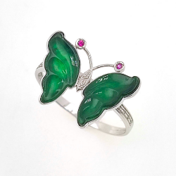 Fei Cui Schmetterlingsring aus natürlichem Jadeit mit natürlichem Diamant in 18kt Weißgold