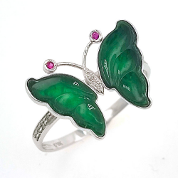 Fei Cui Schmetterlingsring aus natürlichem Jadeit mit natürlichem Diamant in 18kt Weißgold